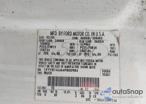 2004 Ford Ranger Edge/Tremor/Xl/Xlt from USA, damaged, VIN 1FTYR14U64PB00984